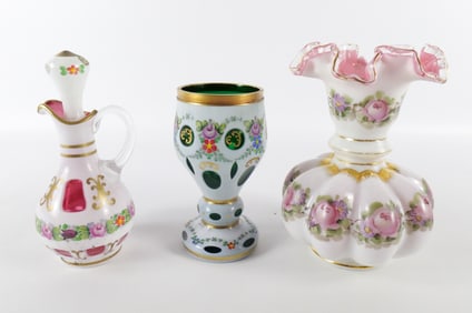 Lot of 3 Pieces of Hand Painted Glass Pieces