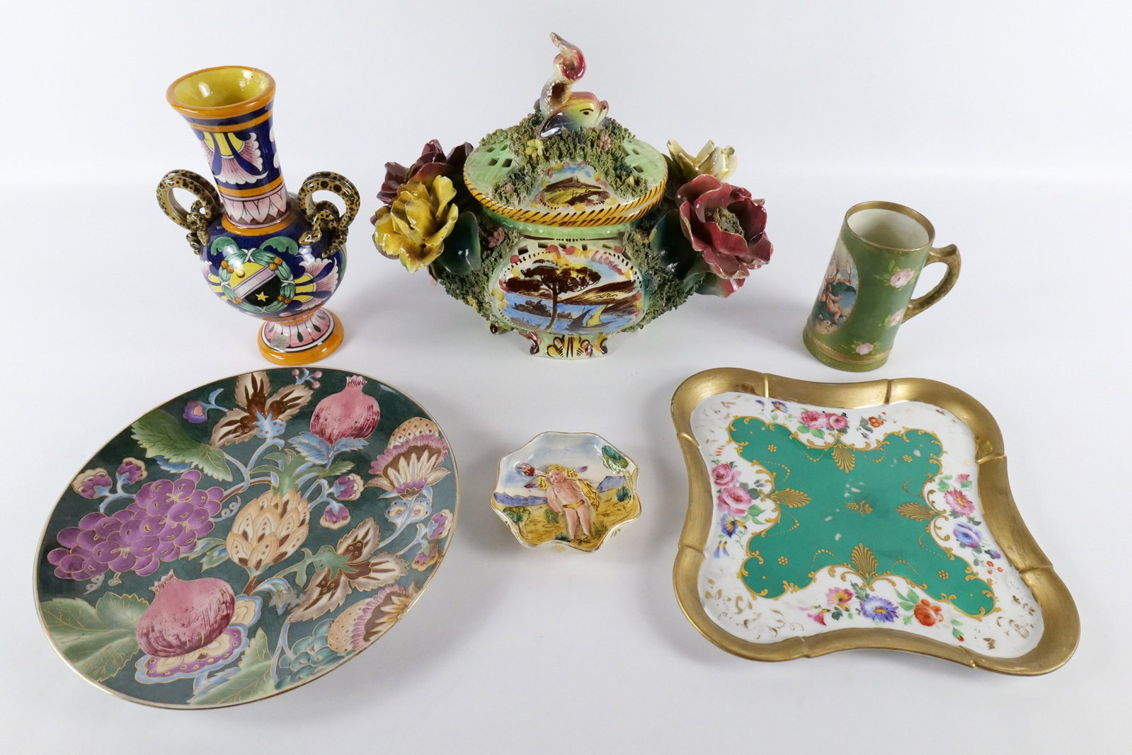 Lot of Mixed Pottery and Porcelain: Lot of Mixed Pottery and Porcelain. Including Majolica Dolphin Finial Tureen - Drilled on Bottom - Many Issues - Chips, Cracks and some small breaks throughout, Toyo Decorative Plate, Porcelain Plate 