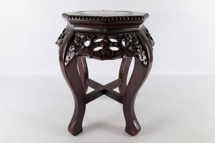 Oriental Marble-Topped Carved Wood Plant Stand