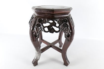 Oriental Marble-Topped Carved Wood Plant Stand
