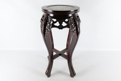 Oriental Marble-Topped Carved Wood Plant Stand