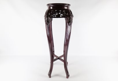 Oriental Marble-Topped Carved Wood Plant Stand