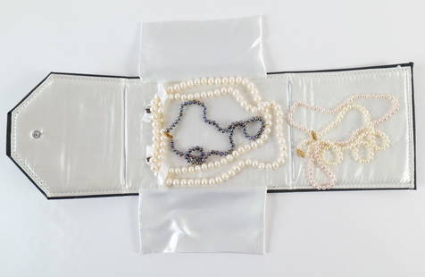 14K Freshwater Pearl Necklaces: 14K Freshwater Pearl Necklaces. The lot includes 4 high quality freshwater pearl necklaces with 14K clasps. Featuring a set of 3, 18'' long hand knotted freshwater pearl necklaces in 3 colors (5mm