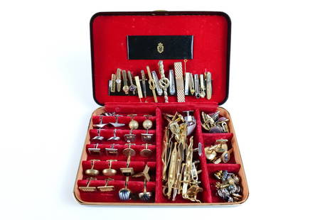 Mixed Group of Vintage Mens Cufflinks and More: Mixed Group of Vintage Mens Cufflinks and More. The lot includes a large mix of vintage mid century mens cufflinks and more. Featuring a pair of gold tone 3 piece cufflink and tie bar sets, 2 silver t