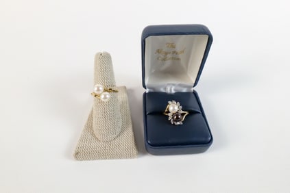Pair of 14K Gold and Akoya Pearl Rings