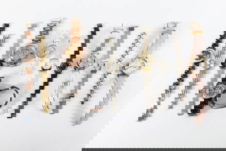 13 Mixed Ladies Watches: 13 Mixed Ladies Watches. The lot includes a mix of 13 ladies quartz watches featuring a gold tone Timex Indiglo rose gold tone watch with a 1.5'' round case, white face, and date feature on a pink/ora