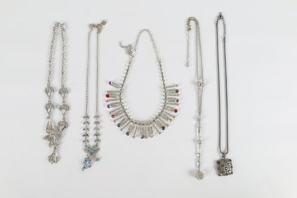 Group of 5 Silver Tone Rhinestone Necklaces