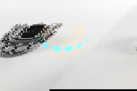 Vintage Native American Sterling Watch Cuff by Jameson Lee: Vintage Native American Sterling Watch Cuff by Jameson Lee. The lot includes an impressive wide sterling silver cuff bracelet by Native American artist Jameson Lee. It features a curved line of bezel