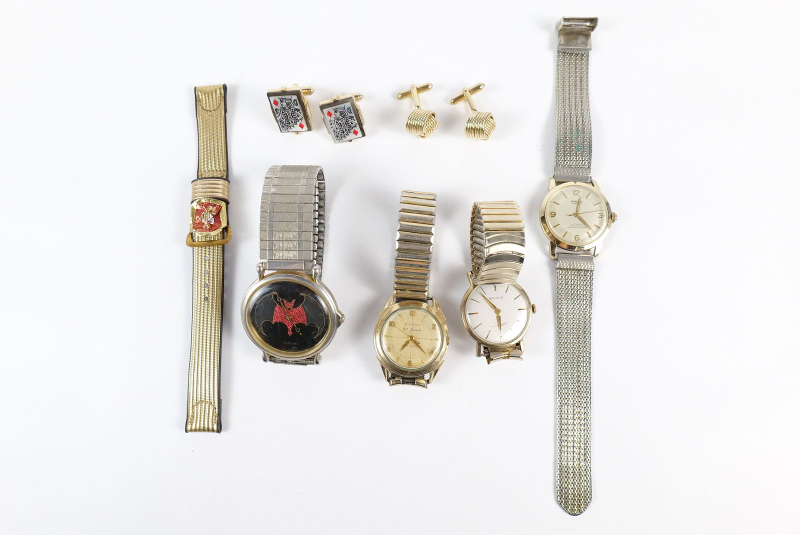 Group of Vintage Mens Bulova and More: Group of Vintage Men's Bulova and More. The lot includes a mix of vintage men's watches and more. Featuring a vintage men's 1950's 10K rolled gold plate Bulova self winding wrist watch with 23 jewels