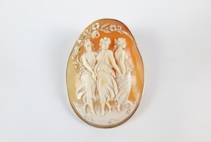 19th Century Hand Carved 10K Cameo Brooch