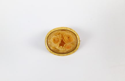 19th Century Carved Horn 18K Cameo Brooch