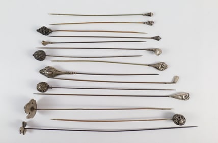 15 Antique Hat Pins with Sterling Heads