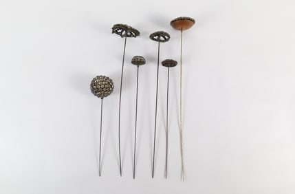 6 Antique Hat Pins with Rhinestone Heads