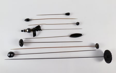 9 Vintage and Antique Black Glass Hat Pins