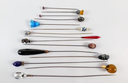 15 Early 20th Century Colored Glass Hat Pins