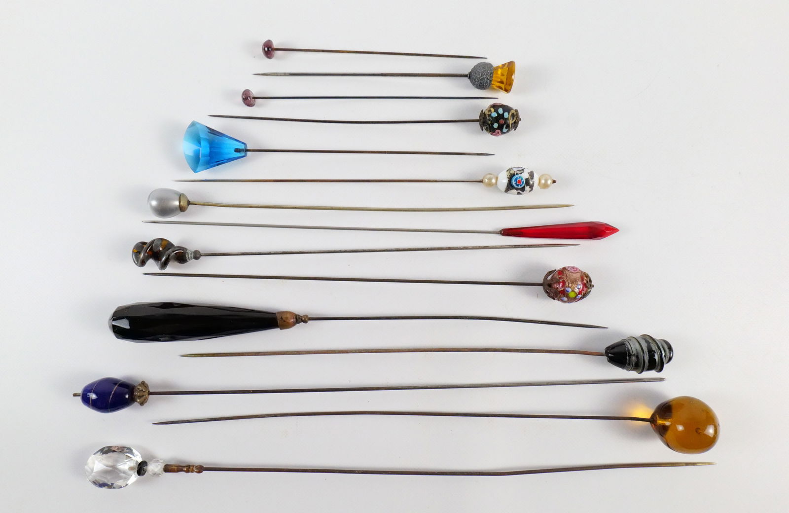 15 Early 20th Century Colored Glass Hat Pins (1 of 9)