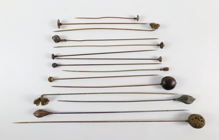 15 Mixed Antique Hat Pins with Brass Heads