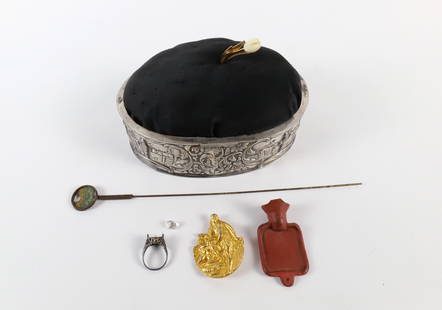 Danish Silver Plate Pin Cushion and More: Danish Silver Plate Pin Cushion and More. The lot includes a variety of vintage items featuring a 5.5'' x 4'' x 2.5'' Danish silver plate pin cushion with black cotton top. A 1980s 2.5'' long gold ton