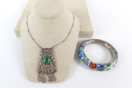 Antique Sterling Bangle and Vintage Necklace