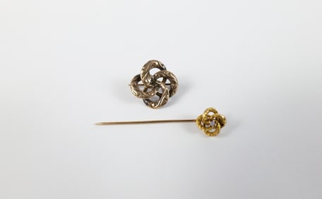 19th Century 10K Lovers Knot Brooch and Stick Pin