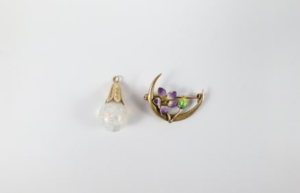 10K Art Nouveau Brooch and Opal Chip Pendant