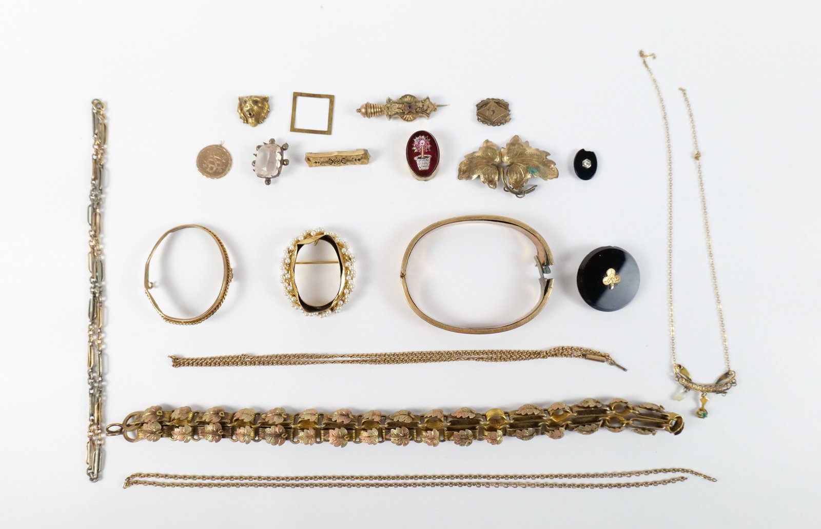 19th Century Gold Filled Jewelry Salvage: 19th Century Gold Filled Jewelry Salvage. The lot includes a large mix of 19th century salvaged gold filled jewelry pieces/elements perfect for repurposing. Featuring pieces such as a .53'' x .39'' ch