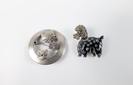 2 Vintage Sterling Cat and Dog Brooches