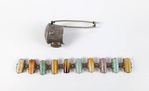 19th Century Scottish Sterling Brooch Remnant and more: 19th Century Scottish Sterling Brooch Remnant and more. The lot includes a unique 2.75'' x 1.02'' 19th century Scottish sterling brooch remnant comprised of a heavily etched silver cap set with a larg