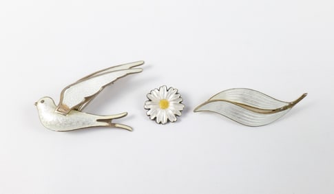 Group of 3 Sterling and White Enameled Brooches