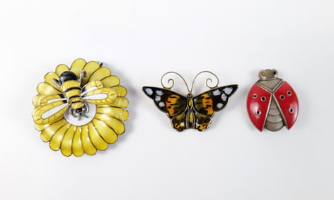 Group of 3 Enameled Sterling Insect Brooches