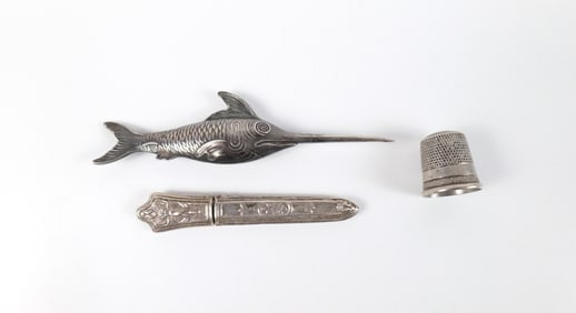 19th Century Sterling Thimble, Needle Case, and Awl