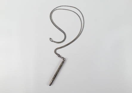 19th Century Sterling Chatelaine Pencil Necklace: 19th Century Sterling Chatelaine Pencil Necklace. The lot features a 19th century 33'' long sterling chain necklace with an attached watch clip with a 3' long functional (in need of lead) chatelaine p