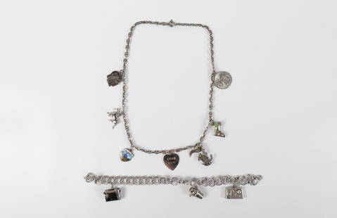 Vintage Sterling Charm Bracelet and Necklace: Vintage Sterling Charm Bracelet and Necklace. The lot includes a vintage 1960s sterling charm bracelet and charm necklace. Featuring a 7'' long double round link bracelet (missing a clasp) with 3 vint