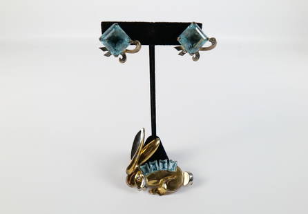 Vintage 1940s Sterling Earrings and Bunny Brooch: Vintage 1940s Sterling Earrings and Bunny Brooch. The lot includes a vintage 1940s 2.05'' x 1.88'' gold vermeil sterling bunny brooch possibly by Karu Fifth Avenue set with 4 emerald cut aqua glass ge