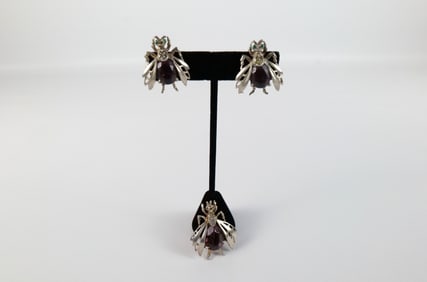 Late 1940s Sterling Bug Brooch and Earrings Set by Reja