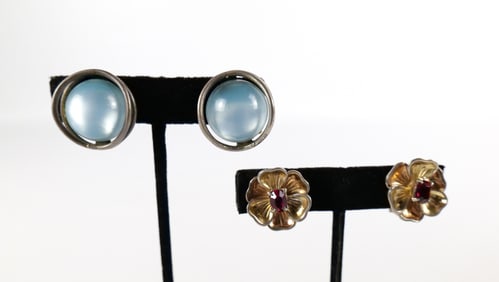 2 Pairs of 1940s Sterling Clip-On Earrings