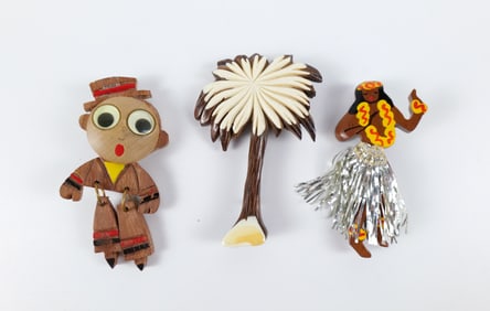 Trio of 1940s Wooden Brooches