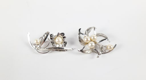 Pair of Mid Century Sterling and Pearl Floral Brooches