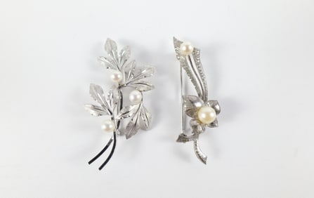Pair of Mid Century Sterling and Pearl Floral Brooches