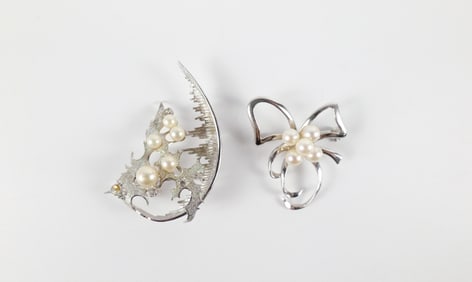 Pair of Mid Century Sterling and Pearl Brooches