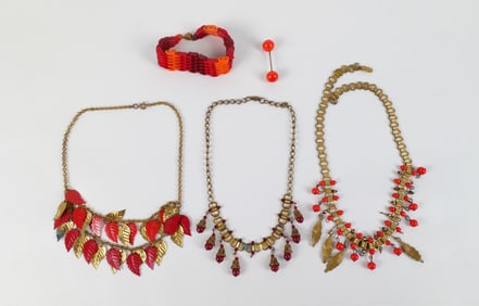 Group of Art Deco Red/Orange Brass Jewelry