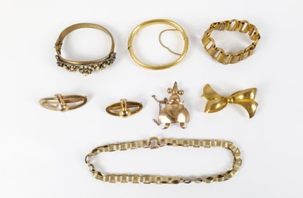 Group of Brass Art Deco Bracelets and More