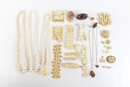 Large Group of Carved Bone and Stone Items