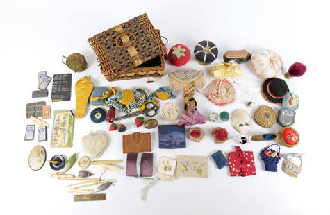 Group of Vintage/Antique Sewing Notions: Group of Vintage/Antique Sewing Notions. The lot includes a wide variety of vintage an antique sewing notions. Featuring 20 vintage and antique pin cushions, 10 fabric/leather needle books, 10 paper n