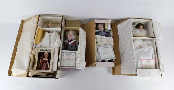 Lot of 4 Porcelain Dolls: Lot of 4 Porcelain Dolls. Including Ashton Drake "Peanut" - Head could use retightening, Ashton Drake "Ma Ingalls" - Little House on the Prairie, Ashton Drake "Winter Romance", and Franklin Heirloom M