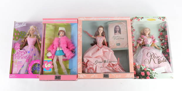 Lot of 4 Barbie Dolls: Lot of 4 Barbie Dolls. Including Rose Barbie, Rose Princess, Groovy 60's and Grand Entrance Collection Barbie. All new in boxes. Boxes have some light storage wear. All invoices must be paid within 24