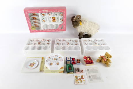 Lot of Mostly Teddy Bear Collectibles: Lot of Mostly Teddy Bear Collectibles. Includes Merrythought Mohair Bear, Steiff Plush Snucki Ram with Tag, Tea Sets, Steiff Porcelain Miniature Plates, Miniature Bears - Wooden, Mohair, and Metal. Al