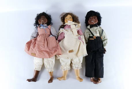 Lot of 3 Brunswood Cloth and Wooden Dolls: Lot of 3 Brunswood Cloth and Wooden Dolls. Including Rebecca, Yolanda, and Malcolm. Malcolm is made of Walnut wood. Measures 24" long. All invoices must be paid within 24 hours of the sale. We offer m