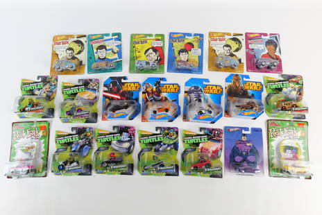 Lot of 19 Mixed Pop Culture Diecast: Lot of 19 Mixed Pop Culture Diecast. Including (7) Playmates Ninja Turtles T-Machines, (2) Racing Champions Rat Fink, (4) Hot Wheels Star Wars, (6) Hot Wheels Star Trek and Hot Wheels Phantom. All sea