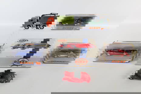 Lot of 5 Dinky Diecast Cars and Trucks: Lot of 5 Dinky Diecast Cars and Trucks. Including 1939 Triumph Dolomite, 1955 Bentley, 1956 Corvette, 1968 Jaguar, and Johnston Road Sweeper. All except the sweeper comes with the original box. All in
